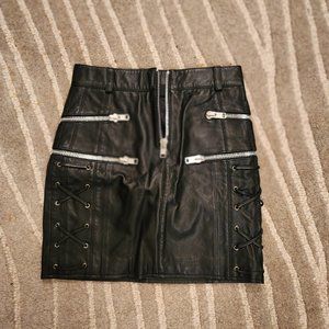 NWOT Black Leather Zip Front with Side Lace Up Mini Skirt
